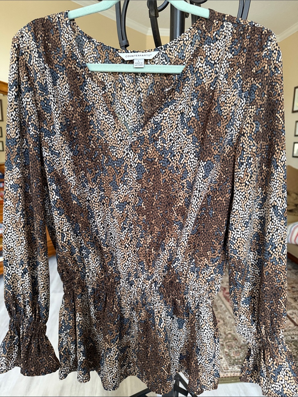 Counterpartse Brown, Cream & Blue Printed V-Neck Long Sleeve Top